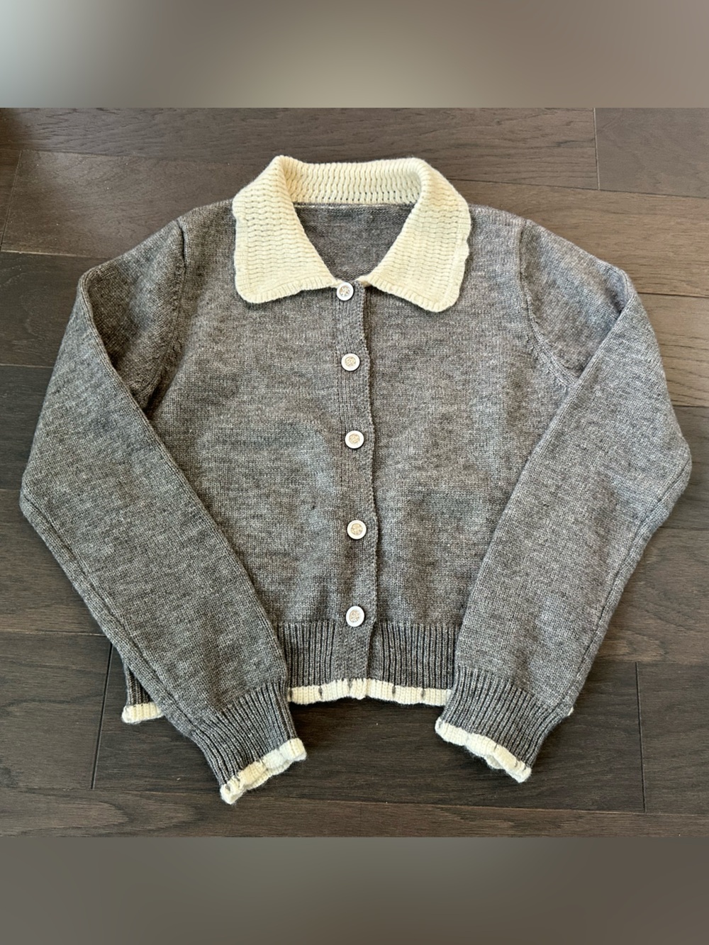 Vintage inspired Cider Gray Knit Cardigan with Cream Contrast Collar